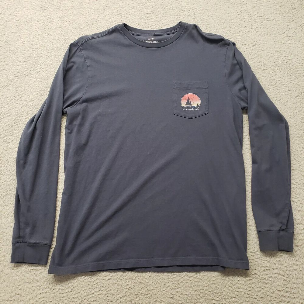 Vineyard Vines Shirt Mens Medium Blue Long Sleeve Whale Spell Out Logo Surf